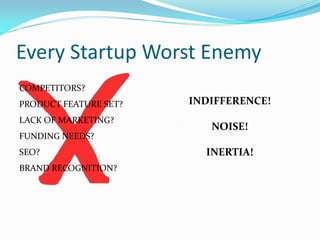Every Startup Worst Enemy
COMPETITORS?
PRODUCT FEATURE SET?   INDIFFERENCE!
LACK OF MARKETING?
                          NOISE!
FUNDING NEEDS?
SEO?                     INERTIA!
BRAND RECOGNITION?
 