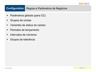 Configuration
Page 11
© SAP AG
Regras e Parâmetros de Negócios
 Parâmetros globais (para CC)
 Grupos de contas
 Variantes de status do campo
 Períodos de lançamento
 Intervalos de números
 Grupos de tolerância
 