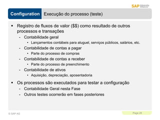 Configuration
Page 28
© SAP AG
Execução do processo (teste)
 Registro de fluxos de valor ($$) como resultado de outros
processos e transações
- Contabilidade geral
• Lançamentos contábeis para aluguel, serviços públicos, salários, etc.
- Contabilidade de contas a pagar
• Parte do processo de compras
- Contabilidade de contas a receber
• Parte do processo de preenchimento
- Contabilidade de ativos
• Aquisição, depreciação, aposentadoria
 Os processos são executados para testar a configuração
- Contabilidade Geral nesta Fase
- Outros testes ocorrerão em fases posteriores
 
