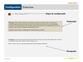 Configuration
Page 32
© SAP AG
Exercícios
I.1.1: Define Company Code
Descrição: Nesta tarefa, você define sua própria empresa nos Estados Unidos. A empresa é a
unidade organizacional que permite estruturar sua empresa do ponto de vista da contabilidade
financeira. Uma empresa possui informações importantes para fins de contabilidade financeira. Por
exemplo, cada empresa é atribuída a exatamente um país.
Aviso: Consulte “Notas e cuidados gerais” sobre bloqueios de tabela.
Navigation: SAP Customizing Implementation Guide ► Enterprise Structure ► Definition ► Financial
Accounting ► Edit, Copy, Delete, Check Company Code
In the “Choose Activity” pop-up, double-click on Edit Company Code Data.
Etapa de configuração
Explicação
Navegação
 