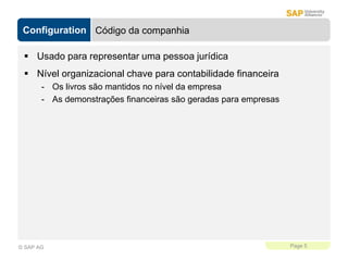 Configuration
Page 5
© SAP AG
Código da companhia
 Usado para representar uma pessoa jurídica
 Nível organizacional chave para contabilidade financeira
- Os livros são mantidos no nível da empresa
- As demonstrações financeiras são geradas para empresas
 