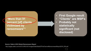 13
“More than 91
percent [of] clients
victimized by
ransomware”1
• First Google result
• “Clients” are MSP’s
• Probably not
statistically
significant (not
disclosed)
Source: Datto’s 2016 Global Ransomware Report
http://pages.datto.com/rs/572-ZRG-001/images/DattoStateOfTheChannelRansomwareReport2016_RH.pdf
 
