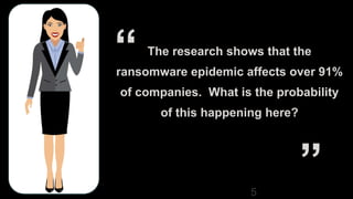 5
The research shows that the
ransomware epidemic affects over 91%
of companies. What is the probability
of this happening here?
 