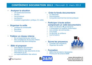 CONFÉRENCE DOCUMATION 2012 | Mercredi 21 mars 2012

•   Analyser la situation
    •   Les dysfonctionnements                             •       Créer le fonds documentaire
    •   Les flux                                               •   Le référentiel
    •   Les processus                                          •   Les processus
    •   Les besoins                                            •   Les guides exprimant les bonnes pratiques
    •   L'existant (organisation, juridique, SI, outils)
                                                           • Participer à toute action
• Organiser la veille                                        comprenant un volet documentaire
                                                               •   Aider à la décision    gouvernance
    •   Juridique et contractuelle
                                                               •   L'urbanisation du Système d'Information
    •   Normative                                              •   Les contrats, les commandes …
    •   Technique                                              •   Les projets
                                                               •   La sécurité, la confiance
                                                               •   Les formations
• Fédérer un réseau interne                                    •   …
    •   De correspondants pour actions
    •   Des compétences de tous les métiers
        concernés D&I dans l'entreprise                    • Suivre les processus
                                                               •   Contrôler des indicateurs
•   Bâtir et proposer                                          •   Organiser les audits
    •   Une politique documentaire
    •   Une politique d'archivage
    •   Une cohérence des documents et des                 • Formation
        informations du SI                                     •   Définir les formations nécessaires
    •   La responsabilisation des acteurs                      •   Promouvoir les actions D&IM

                                                                                                www.documation.fr
                                                                                               www.documation.net
                                                                                                www.documation.tv
 