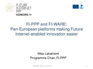 FI-PPP and FI-WARE:
Pan-European platforms making Future
Internet-enabled innovation easier

Ilkka Lakaniemi
Programme Chair, FI-PPP
CONCORD Project Consortium

1

 
