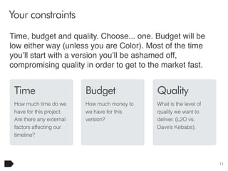 Your constraints
Time, budget and quality. Choose... one. Budget will be
low either way (unless you are Color). Most of the time
you’ll start with a version you’ll be ashamed off,
compromising quality in order to get to the market fast.

Time

Budget

Quality

How much time do we
have for this project.
Are there any external
factors affecting our
timeline?

How much money to
we have for this
version?

What is the level of
quality we want to
deliver. (L2O vs.
Dave’s Kebabs).

11

 