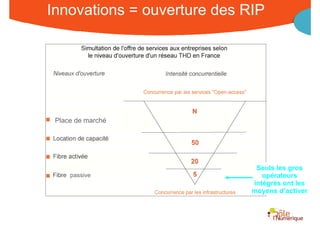 Innovations = ouverture des RIP




Place de marché
 Place de marché




                                                           Seuls les gros
        passive                                              opérateurs
                                                          intégrés ont les
                                                          moyens d’activer



                    Rencontre Région Rhône-Alpes 28 octobre 2010
 