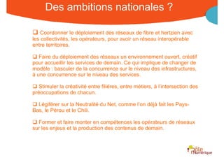 Des ambitions nationales ?

   Coordonner le déploiement des réseaux de fibre et hertzien avec
les collectivités, les opérateurs, pour avoir un réseau interopérable
entre territoires.

   Faire du déploiement des réseaux un environnement ouvert, créatif
pour accueillir les services de demain. Ce qui implique de changer de
modèle : basculer de la concurrence sur le niveau des infrastructures,
à une concurrence sur le niveau des services.

   Stimuler la créativité entre filières, entre métiers, à l’intersection des
préoccupations de chacun.

  Légiférer sur la Neutralité du Net, comme l’on déjà fait les Pays-
Bas, le Pérou et le Chili.

  Former et faire monter en compétences les opérateurs de réseaux
sur les enjeux et la production des contenus de demain.



                                               Rencontre Région Rhône-Alpes 28 octobre 2010
 