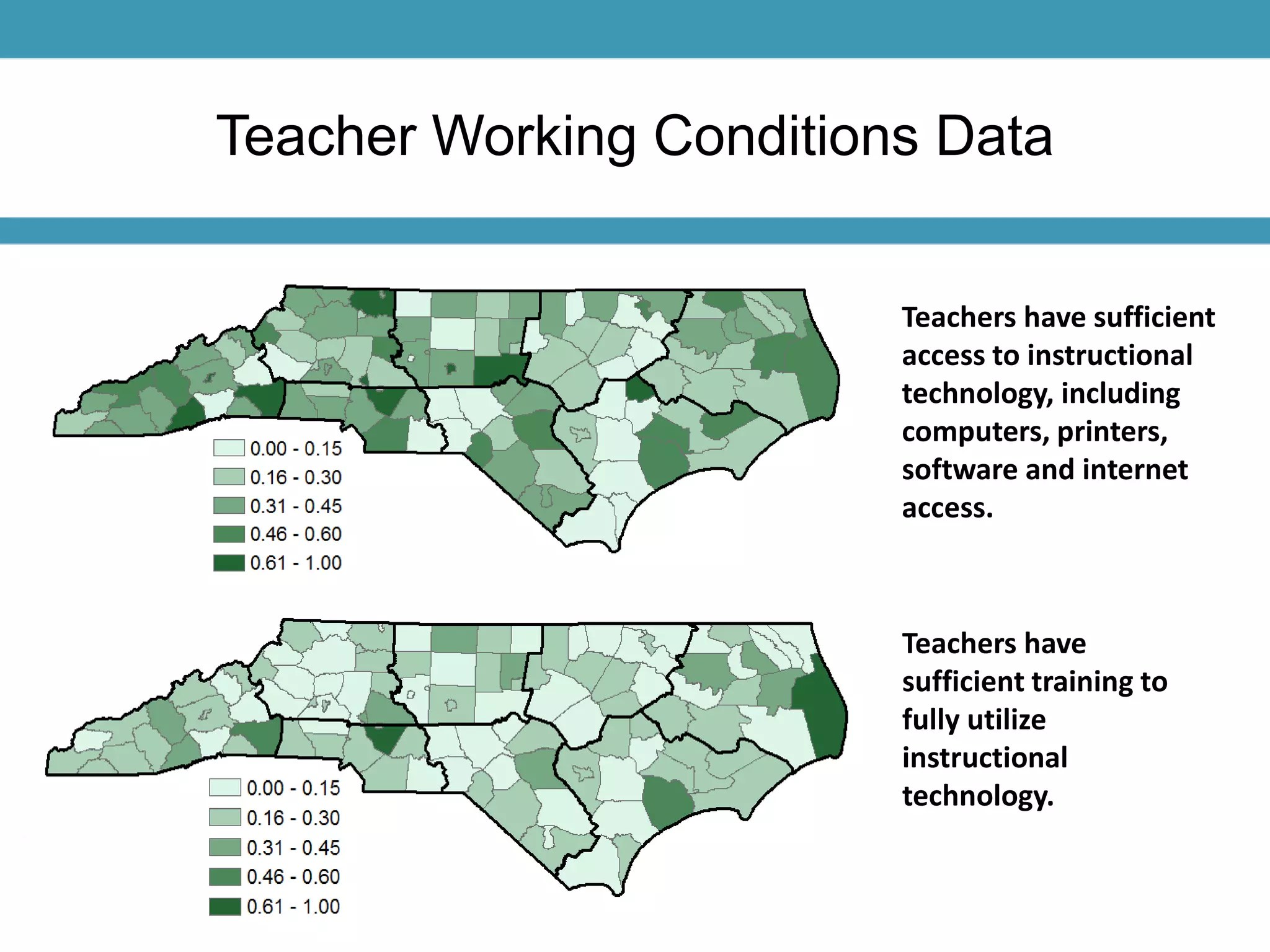 Teacher Working Conditions Data 
Teachers have sufficient 
access to instructional 
technology, including 
computers, printers, 
software and internet 
access. 
Teachers have 
sufficient training to 
fully utilize 
instructional 
technology. 
 