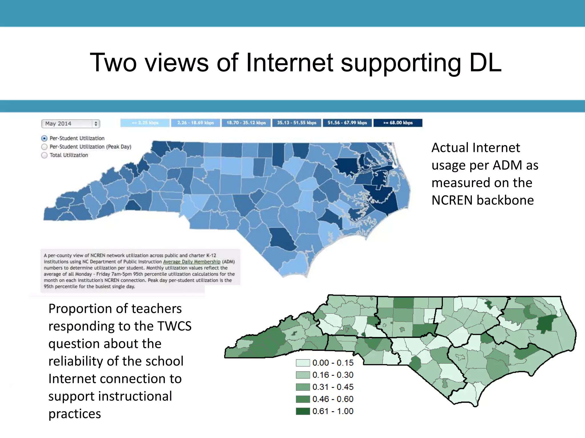 Two views of Internet supporting DL 
Proportion of teachers 
responding to the TWCS 
question about the 
reliability of the school 
Internet connection to 
support instructional 
practices 
Actual Internet 
usage per ADM as 
measured on the 
NCREN backbone 
 