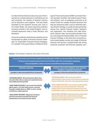 FINANCIAL INCLUSION STRATEGIES – REFERENCE FRAMEWORK 14 
Version: August 2012 
to make informed decisions about any type of finan-cial 
service or where products or institutions are not 
well monitored, the impacts of financial inclusion 
can be reduced or even negative. This was clearly 
illustrated by the subprime housing loan crisis in 
the United States, the recent payments protection 
insurance scandal in the United Kingdom, and mi-crocredit 
repayment crises in India, Morocco, and 
elsewhere. 
Consumer protection and financial capability can be 
incorporated as pillars of financial inclusion strate-gies, 
as “responsible” financial inclusion strategies, 
or in parallel. In the case of Brazil, its National Strat-egy 
for Financial Education (ENEF) promotes finan-cial 
education activities that extend beyond finan-cial 
inclusion, such as preparing consumers at all 
income levels for complex financial decisions that 
they are required to make, such as retirement plan-ning. 
Brazil’s strategy is a public-private partnership 
among four national financial system regulators 
and supervisors; five ministries and state secre-tariat; 
national, state, and municipal education bod-ies; 
and nongovernmental entities. Peru’s Financial 
Inclusion Strategy, on the other hand, promotes ac-tions 
toward greater access and usage of financial 
products and services, complemented with strong 
consumer protection and financial capability com- 
FIGURE 2. RESPONSIBLE FINANCIAL INCLUSION STRATEGIES 
 