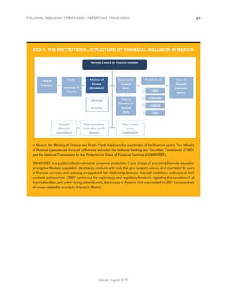 FINANCIAL INCLUSION STRATEGIES – REFERENCE FRAMEWORK 28 
Version: August 2012 
BOX 4. THE INSTITUTIONAL STRUCTURE OF FINANCIAL INCLUSION IN MEXICO 
In Mexico, the Ministry of Finance and Public Credit has been the coordinator of the financial sector. Two Ministry 
of Finance agencies are involved in financial inclusion: the National Banking and Securities Commission (CNBV) 
and the National Commission for the Protection of Users of Financial Services (CONDUSEF). 
CONDUSEF is a public institution aimed at consumer protection. It is in charge of promoting financial education 
among the Mexican population; developing products and tools that give support, advice, and orientation to users 
of financial services; and pursuing an equal and fair relationship between financial institutions and users of their 
products and services. CNBV carries out the supervisory and regulatory functions regarding the operation of all 
financial entities, and within its regulation branch, the Access to Finance Unit was created in 2007 to concentrate 
all issues related to access to finance in Mexico. 
 