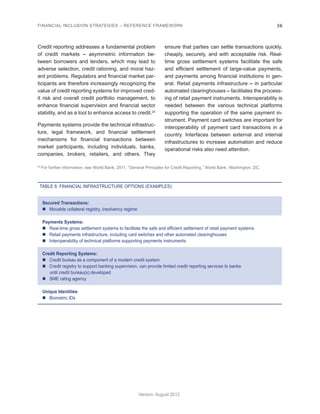FINANCIAL INCLUSION STRATEGIES – REFERENCE FRAMEWORK 36 
Version: August 2012 
Credit reporting addresses a fundamental problem 
of credit markets – asymmetric information be-tween 
borrowers and lenders, which may lead to 
adverse selection, credit rationing, and moral haz-ard 
problems. Regulators and financial market par-ticipants 
are therefore increasingly recognizing the 
value of credit reporting systems for improved cred-it 
risk and overall credit portfolio management, to 
enhance financial supervision and financial sector 
stability, and as a tool to enhance access to credit.24 
Payments systems provide the technical infrastruc-ture, 
legal framework, and financial settlement 
mechanisms for financial transactions between 
market participants, including individuals, banks, 
companies, brokers, retailers, and others. They 
ensure that parties can settle transactions quickly, 
cheaply, securely, and with acceptable risk. Real-time 
gross settlement systems facilitate the safe 
and efficient settlement of large-value payments, 
and payments among financial institutions in gen-eral. 
Retail payments infrastructure – in particular 
automated clearinghouses – facilitates the process-ing 
of retail payment instruments. Interoperability is 
needed between the various technical platforms 
supporting the operation of the same payment in-strument. 
Payment card switches are important for 
interoperability of payment card transactions in a 
country. Interfaces between external and internal 
infrastructures to increase automation and reduce 
operational risks also need attention. 
TABLE 8. FINANCIAL INFRASTRUCTURE OPTIONS (EXAMPLES) 
Secured Transactions: 
„„ Movable collateral registry, insolvency regime 
Payments Systems: 
„„ Real-time gross settlement systems to facilitate the safe and efficient settlement of retail payment systems 
„„ Retail payments infrastructure, including card switches and other automated clearinghouses 
„„ Interoperability of technical platforms supporting payments instruments 
Credit Reporting Systems: 
„„ Credit bureau as a component of a modern credit system 
„„ Credit registry to support banking supervision, can provide limited credit reporting services to banks 
until credit bureau(s) developed 
„„ SME rating agency 
Unique Identities 
„„ Biometric IDs 
24 For further information, see World Bank, 2011. “General Principles for Credit Reporting.” World Bank, Washington, DC. 
 