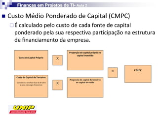 Finanças em Projetos de TI- Aula 2

   Custo Médio Ponderado de Capital (CMPC)
     É calculado pelo custo de cada fonte de capital
      ponderado pela sua respectiva participação na estrutura
      de financiamento da empresa.
                                                       Proporção do capital próprio no
                                                              capital investido
        Custo do Capital Próprio                   X


                                                                                           =   CMPC

      Custo do Capital de Terceiros
                                                       Proporção do capital de terceiros
                                                             no capital investido
      (considerar o benefício fiscal do IR sobre
          as juros e encargos financeiros)
                                                   X
 