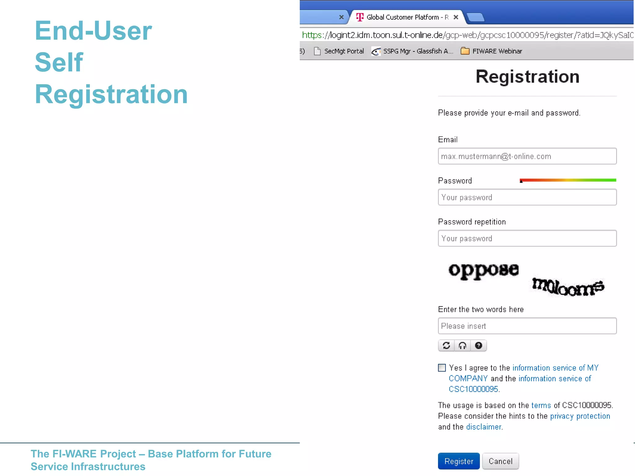 End-User 
Self 
Registration 
The FI-WARE Project – Base Platform for Future 
Service Infrastructures 
 
