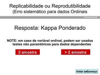 David Normando
Resposta: Kappa Ponderado
Replicabilidade ou Reprodutibilidade
(Erro sistemático para dados Ordinais
2 amostra > 2 amostra
NOTE: em caso de variável ordinal, podem ser usados
testes não paramétricos para dados dependentes
Voltar ao começoVoltar ao começo
 