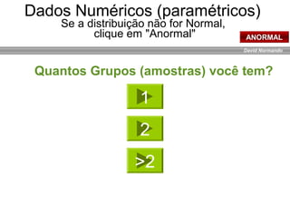 David Normando
Dados Numéricos (paramétricos)
Se a distribuição não for Normal,
clique em "Anormal" ANORMAL
Quantos Grupos (amostras) você tem?
1
2
>2
 
