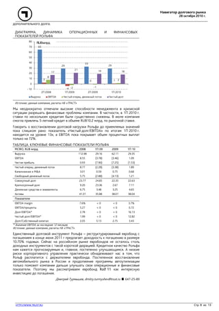 Навигатор долгового рынка
28 октября 2010 г.
HTTP://WWW.TRUST.RU Стр. 8 из 13
дополнительного долга.
ДИАГРАММА. ДИНАМИКА ОПЕРАЦИОННЫХ И ФИНАНСОВЫХ
ПОКАЗАТЕЛЕЙ РОЛЬФА
65
29
33
29
3
-4
0 1
8
-2 -1
2
17
21 19 18
- 10
0
10
20
30
40
50
60
70
80
2П 2008 1П 2009 2П 2009 1П 2010
Выручка EBITDA Чистый операц. денежный поток Чистый долг
RUBмлрд.
Источник: данные компании, расчеты НБ «ТРАСТ»
Мы неоднократно отмечали высокие способности менеджмента в кризисной
ситуации разрешать финансовые проблемы компании. В частности, в 1П 2010 г.
ставки по нескольким кредитам были существенно снижены. В июле компания
смогла привлечь 5-летний кредит в объеме RUB10.2 млрд. по рыночной ставке.
Говорить о восстановлении долговой нагрузки Рольфа до приемлемых значений
пока слишком рано: показатель «Чистый долг/EBITDA» по итогам 1П 2010 г.
находится на уровне 13х, а EBITDA пока покрывает объем процентных выплат
только на 72%.
ТАБЛИЦА. КЛЮЧЕВЫЕ ФИНАНСОВЫЕ ПОКАЗАТЕЛИ РОЛЬФА
МСФО, RUB млрд. 2008 1П 09 2009 1П 10
Выручка 112.98 29.16 62.11 29.35
EBITDA 8.55 (3.78) (3.46) 1.09
Чистая прибыль 0.93 (7.90) (7.25) (1.53)
Чистый операц. денежный поток 8.77 (2.28) (3.38) 1.89
Капвложения и M&A 3.01 0.59 0.75 0.68
Свободный денежный поток 5.75 (2.88) (4.13) 1.21
Совокупный долг 23.77 24.85 22.35 22.63
Краткосрочный долг 9.20 23.36 2.67 7.11
Денежные средства и эквиваленты 6.75 3.48 3.25 4.65
Активы 41.31 35.88 38.01 38.04
Показатели
EBITDA margin 7.6% < 0 < 0 3.7%
EBITDA/проценты 5.27 < 0 < 0 0.72
Долг/EBITDA* 2.78 < 0 < 0 16.13
Чистый долг/EBITDA* 1.99 < 0 < 0 12.82
Долг/Собственный капитал 2.05 5.13 2.75 3.43
* Значение EBITDA за последние 12 месяцев
Источник: данные компании, расчеты НБ «ТРАСТ»
Единственный долговой инструмент Рольфа – реструктурированный евробонд с
погашением в конце июня 2011 г предлагает доходность к погашению в размере
10.70% годовых. Сейчас на российском рынке евробондов не осталось столь
доходных инструментов с такой короткой дюрацией. Кредитное качество Рольфа
нам кажется прогнозируемым и, главное, постепенно улучшающимся. А низкие
риски корпоративного управления практически обнадеживают нас в том, что
Рольф расплатится с держателями евробонда. Постепенное восстановление
автомобильного рынка в России и продолжение программы автоутилизации
только поможет компании дальше улучшать свои операционные и финансовые
показатели. Поэтому мы рассматриваем евробонд Rolf 11 как интересную
инвестицию до погашения.
Дмитрий Турмышев, dmitry.turmyshev@trust.ru 647-25-89
 