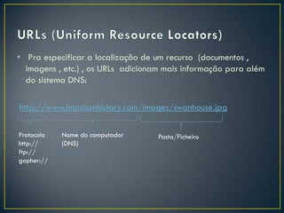 • Pra especificar a localização de um recurso (documentos ,
  imagens , etc.) , os URLs adicionam mais informação para além
  do sistema DNS:

http://www.handsonhistory.com/images/swanhouse.jpg

Protocolo   Nome do computador     Pasta/Ficheiro
http://     (DNS)
ftp://
gopher://
 