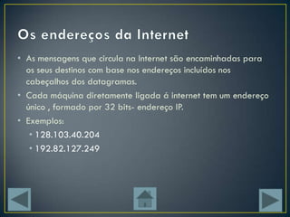 • As mensagens que circula na Internet são encaminhadas para
  os seus destinos com base nos endereços incluídos nos
  cabeçalhos dos datagramas.
• Cada máquina diretamente ligada á internet tem um endereço
  único , formado por 32 bits- endereço IP.
• Exemplos:
   • 128.103.40.204
   • 192.82.127.249
 