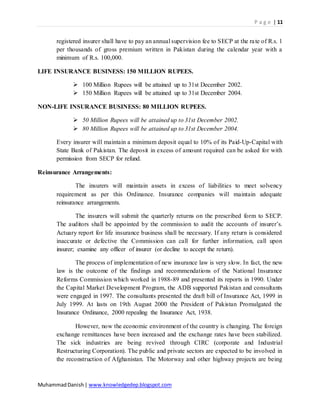 P a g e | 11
MuhammadDanish| www.knowledgedep.blogspot.com
registered insurer shall have to pay an annual supervision fee to SECP at the rate of R.s. 1
per thousands of gross premium written in Pakistan during the calendar year with a
minimum of R.s. 100,000.
LIFE INSURANCE BUSINESS: 150 MILLION RUPEES.
 100 Million Rupees will be attained up to 31st December 2002.
 150 Million Rupees will be attained up to 31st December 2004.
NON-LIFE INSURANCE BUSINESS: 80 MILLION RUPEES.
 50 Million Rupees will be attained up to 31st December 2002.
 80 Million Rupees will be attained up to 31st December 2004.
Every insurer will maintain a minimum deposit equal to 10% of its Paid-Up-Capital with
State Bank of Pakistan. The deposit in excess of amount required can be asked for with
permission from SECP for refund.
Reinsurance Arrangements:
The insurers will maintain assets in excess of liabilities to meet solvency
requirement as per this Ordinance. Insurance companies will maintain adequate
reinsurance arrangements.
The insurers will submit the quarterly returns on the prescribed form to SECP.
The auditors shall be appointed by the commission to audit the accounts of insurer’s.
Actuary report for life insurance business shall be necessary. If any return is considered
inaccurate or defective the Commission can call for further information, call upon
insurer; examine any officer of insurer (or decline to accept the return).
The process of implementation of new insurance law is very slow. In fact, the new
law is the outcome of the findings and recommendations of the National Insurance
Reforms Commission which worked in 1988-89 and presented its reports in 1990. Under
the Capital Market Development Program, the ADB supported Pakistan and consultants
were engaged in 1997. The consultants presented the draft bill of Insurance Act, 1999 in
July 1999. At lasts on 19th August 2000 the President of Pakistan Promulgated the
Insurance Ordinance, 2000 repealing the Insurance Act, 1938.
However, now the economic environment of the country is changing. The foreign
exchange remittances have been increased and the exchange rates have been stabilized.
The sick industries are being revived through CIRC (corporate and Industrial
Restructuring Corporation). The public and private sectors are expected to be involved in
the reconstruction of Afghanistan. The Motorway and other highway projects are being
 