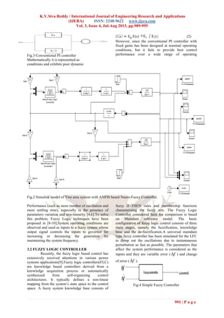 K.V.Siva Reddy / International Journal of Engineering Research and Applications
(IJERA) ISSN: 2248-9622 www.ijera.com
Vol. 3, Issue 4, Jul-Aug 2013, pp.989-995
991 | P a g e
Fig.3 Conventional PI controller
Mathematically it is represented as
E(s) + (2)
However, since the conventional PI controller with
fixed gains has been designed at nominal operating
conditions, but it fails to provide best control
performance over a wide range of operating
conditions and exhibits poor dynamic
Fig.2 Simulink model of Two area system with ANFIS based Neuro-Fuzzy Controller.
Performance (such as more number of oscillation and
more settling time), especially in the presence of
parameters variation and non-linearity [4,6].To solve
this problem, Fuzzy Logic techniques have been
proposed in [8-10].System operating conditions are
observed and used as inputs to a fuzzy system whose
output signal controls the inputs to governor for
increasing or decreasing the generation for
maintaining the system frequency.
3.2 FUZZY LOGIC CONTROLLER
Recently, the fuzzy logic based control has
extensively received attentions in various power
systems applications[9].Fuzzy logic controllers(FLC)
are knowledge based controllers derived from a
knowledge acquisition process or automatically
synthesized from self-organizing control
architectures. It typically defines a non-linear
mapping from the system’s state space to the control
space. A fuzzy system knowledge base consists of
fuzzy IF-THEN rules and membership functions
characterizing the fuzzy sets. The Fuzzy Logic
Controller considered here for comparison is based
on Mamdani inference model. The basic
configuration of fuzzy logic control consists of three
main stages, namely the fuzzification, knowledge
base and the de-fuzzification.A universal mamdani
type fuzzy controller has been simulated for the LFC
to damp out the oscillations due to instantaneous
perturbation as fast as possible. The parameters that
affect the system performance is considered as the
inputs and they are variable error ( f ) and change
of error ( f ).
Fig.4 Simple Fuzzy Controller
 