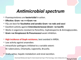 Antimicrobial spectrum
• Fluoroquinolones are bactericidal in action.
• Effective: Gram –ve >>>Gram +ve
• FQs are best for facultative and aerobic Gram –ve rods and cocci
• Excellent activity against Enterobacteriaceae (Gram –ve bacilli)
• Works in organisms resistant to Penicillins, Cephalosporins & Aminoglycosides.
• Gram +ve Streptococci & Pneumococci weak inhibition.
• High incidence of Staph resistance, best avoided in MRSA.
• Low activity against anaerobes
• Intracellular pathogens inhibited to a variable extent:
M. tuberculosis, Chlamydia, Legionella, Brucella.
• Orally active, hepatic metabolism and renal excretion.
Rang & Dale
 