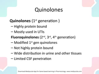 Quinolones
Quinolones (1st
generation )
– Highly protein bound
– Mostly used in UTIs
Fluoroquinolones (2nd
, 3rd
, 4th
generation)
– Modified 1st
gen quinolones
– Not highly protein bound
– Wide distribution in urine and other tissues
– Limited CSF penetration
 