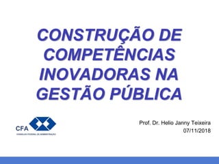 11
Prof. Dr. Helio Janny Teixeira
07/11/2018
CONSTRUÇÃO DE
COMPETÊNCIAS
INOVADORAS NA
GESTÃO PÚBLICA
 