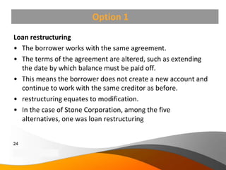 Option 1
Loan restructuring
• The borrower works with the same agreement.
• The terms of the agreement are altered, such as extending
  the date by which balance must be paid off.
• This means the borrower does not create a new account and
  continue to work with the same creditor as before.
• restructuring equates to modification.
• In the case of Stone Corporation, among the five
  alternatives, one was loan restructuring


24
Copyright Information goes here
Company Proprietary and Confidential
 