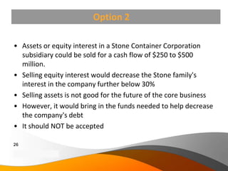 Option 2

• Assets or equity interest in a Stone Container Corporation
  subsidiary could be sold for a cash flow of $250 to $500
  million.
• Selling equity interest would decrease the Stone family's
  interest in the company further below 30%
• Selling assets is not good for the future of the core business
• However, it would bring in the funds needed to help decrease
  the company's debt
• It should NOT be accepted

26
Copyright Information goes here
Company Proprietary and Confidential
 