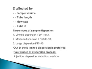 D affected by
•· Sample volume
•· Tube length
•· Flow rate
•· Tube id
Three types of sample dispersion
1. Limited dispersion if D=1 to 3,
2. Medium dispersion if D=3 to 10,
3. Large dispersion if D>10
•Out of three limited dispersion is preferred
•Four stages of dispersion process:
injection, dispersion, detection, washout
 