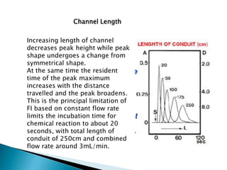 Channel Length
Increasing length of channel
decreases peak height while peak
shape undergoes a change from
symmetrical shape.
At the same time the resident
time of the peak maximum
increases with the distance
travelled and the peak broadens.
This is the principal limitation of
FI based on constant flow rate
limits the incubation time for
chemical reaction to about 20
seconds, with total length of
conduit of 250cm and combined
flow rate around 3mL/min.
 