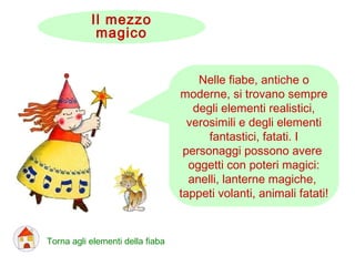 Nelle fiabe, antiche o
moderne, si trovano sempre
degli elementi realistici,
verosimili e degli elementi
fantastici, fatati. I
personaggi possono avere
oggetti con poteri magici:
anelli, lanterne magiche,
tappeti volanti, animali fatati!
Torna agli elementi della fiaba
Il mezzo
magico
 