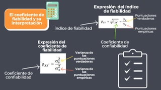 Expresión del índice
de fiabilidad
Puntuaciones
verdaderas
Puntuaciones
empíricas
Expresión del
coeficiente de
fiabilidad
El coeficiente de
fiabilidad y su
interpretación
Coeficiente de
confiabilidad
Varianza de
las
puntuaciones
verdaderas
Varianza de
las
puntuaciones
empíricas
índice de fiabilidad
Coeficiente de
confiabilidad
 