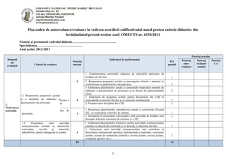 Fişa cadru de autoevaluare/evaluare în vederea acordării calificativului anual pentru cadrele didactice din
învăţământul preuniversitar conf. OMECTS nr. 6134/2011
Numele şi prenumele cadrului didactic…………………………………..
Specialitatea……………………………………
Anul şcolar 2012-2013
Domenii
ale
evaluării Criterii de evaluare
Punctaj
maxim
Indicatori de performanţă
Pct.
parţial
Punctaj acordat
Punctaj
auto-
evaluare
Punctaj
evaluare
comisie
Punctaj
CA
1.
Proiectarea
activităţii
5
1. Fundamentarea proiectării didactice pe achiziţiile anterioare de
învăţare ale elevilor. 1
2. Respectarea programei şcolare şi parcurgerea ritmică a materiei în
conformitate cu planificările calendaristice. 2
3. Elaborarea planificărilor anuale şi semestriale respectând normele de
elaborare a documentelor de proiectare şi în funcţie de particularităţile
clasei.
2
1.2 Implicarea în activităţile de proiectare a
ofertei educaţionale la nivelul unităţii.
4
1. Elaborarea de programe şcolare pentru disciplinele din CDŞ în
concordanţă cu nevoile elevilor şi cu resursele instituţionale. 2
2. Predarea unor discipline din CDŞ. 2
1.3 Folosirea TIC în activitatea de
proiectare. 3
1. Redactarea planificărilor calendaristice anuale şi semestriale folosind
TIC, cu respectarea criteriilor de calitate. 1
2. Includerea în proiectarea curriculară a unor activităţi de învăţare care
presupun folosirea resurselor de instruire şi a TIC.
2
1.4 Proiectarea unor activităţi
extracurriculare corelate cu obiectivele
curriculare, nevoile şi interesele
educabililor, planul managerial al unităţii 3
1. Elaborarea documentelor proiective pentru activităţile extracurriculare
corelate cu obiectivele curricular şi cu nevoile şi interesele elevilor. 1
2. Proiectarea unor activităţi extracurriculare care contribuie la
dezvoltarea instituţională (proiecte internaţionale şi naţionale, concursuri
şcolare, sesiuni de comunicări ştiinţifice, reviste şcolare, cercuri şcolare,
competiţii sportive etc.)
2
15 15
1
1.1 Respectarea programei şcolare
şi a normelor de elaborare a
documentelor de proiectare.
 