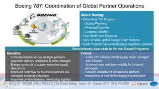 Boeing 787: Coordination of Global Partner Operations 
About Boeing: 
• Dreamliner 787 Program 
oSupply Planning 
oForecast/Commits 
oLogistics Visibility 
• Over $80B Corp Revenue 
• Very complex, global Supply Chain footprint 
• Each Program has several unique suppliers / partners 
Suppliers 
Sub 
Upstream Assemblies 
Suppliers 
Inventory 
Hubs 
Benefits: 
• Eliminate latency across multiple partners 
• Automate delivery schedules & order changes 
• Ensure continuity of supply, minimize supply 
disruptions 
• Improved cash flow for business partners via 
managed inventory programs 
• Improved on-time delivery: minimizing logistics 
costs 
• Improve process management : reporting and 
About Boeing: 
• Dreamliner 787 Program 
oSupply Planning 
oForecast/Commits 
oLogistics Visibility 
• Over $80B Corp Revenue 
• Very complex, global Supply Chain footprint 
• Each Program has several unique suppliers / partners 
Revolutionary Approach to Partner Based Programs 
Focus: 
• Entire 787 mission critical supply chain managed 
with E2open 
• Achieved near real-time visibility for in transit 
packages 
• Solution scalable for all business partners 
irrespective of their technological sophistication 
 