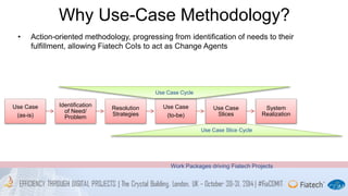Why Use-Case Methodology? 
• Action-oriented methodology, progressing from identification of needs to their 
fulfillment, allowing Fiatech CoIs to act as Change Agents 
Use Case 
(as-is) 
Identification 
of Need/ 
Problem 
Resolution 
Strategies 
Use Case 
(to-be) 
Use Case 
Slices 
System 
Realization 
Use Case Cycle 
Use Case Slice Cycle 
Work Packages driving Fiatech Projects 
 