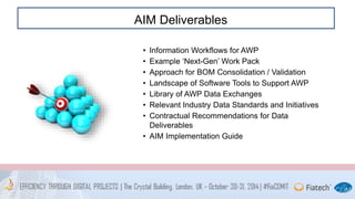 AIM Deliverables 
• Information Workflows for AWP 
• Example ‘Next-Gen’ Work Pack 
• Approach for BOM Consolidation / Validation 
• Landscape of Software Tools to Support AWP 
• Library of AWP Data Exchanges 
• Relevant Industry Data Standards and Initiatives 
• Contractual Recommendations for Data 
Deliverables 
• AIM Implementation Guide 
 