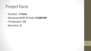 Project Facts 
• Duration : 5 Years 
• Manpower(MP) At Peak: 15,000 MP 
• Timekeepers: 23 
• Operators: 2 
 