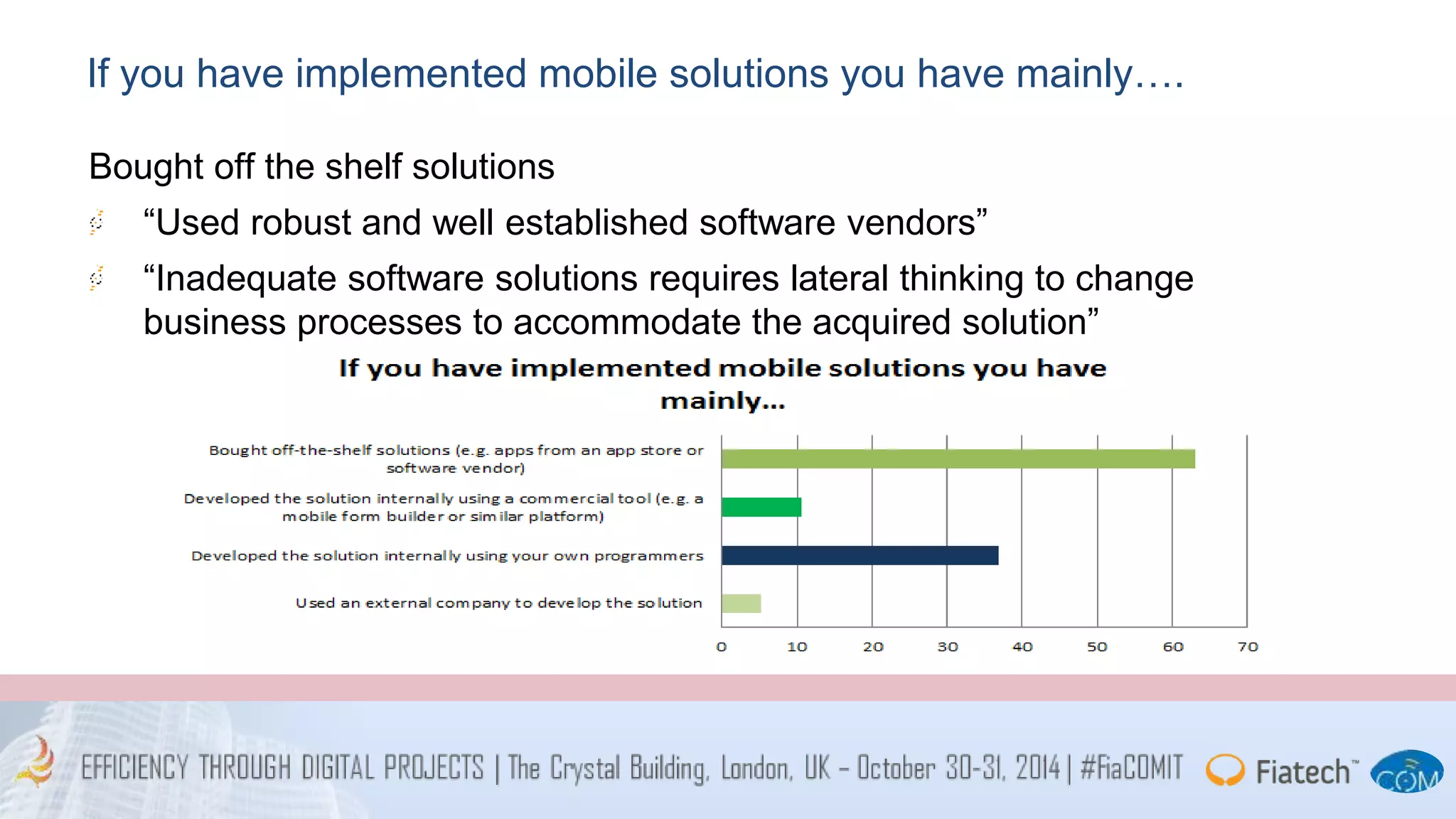 If you have implemented mobile solutions you have mainly…. 
Bought off the shelf solutions 
“Used robust and well established software vendors” 
“Inadequate software solutions requires lateral thinking to change 
business processes to accommodate the acquired solution” 
 