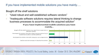 If you have implemented mobile solutions you have mainly…. 
Bought off the shelf solutions 
“Used robust and well established software vendors” 
“Inadequate software solutions requires lateral thinking to change 
business processes to accommodate the acquired solution” 
 