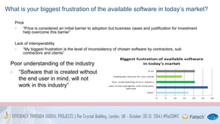 What is your biggest frustration of the available software in today’s market? 
Price 
“Price is considered an initial barrier to adoption but business cases and justification for investment 
help overcome this barrier” 
Lack of interoperability 
“My biggest frustration is the level of inconsistency of chosen software by contractors, sub 
contractors and clients” 
Poor understanding of the industry 
“Software that is created without 
the end user in mind, will not 
work in this industry” 
 