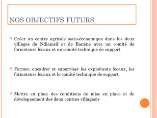 NOS OBJECTIFS FUTURS

   Créer un centre agricole socio-économique dans les deux
    villages de Ndiamsil et de Banène avec un comité de
    formateurs locaux et un comité technique de support



   Former, encadrer et superviser les exploitants locaux, les
    formateurs locaux et le comité technique de support



   Mettre en place des conditions de mise en place et de
    développement des deux centres villageois
 