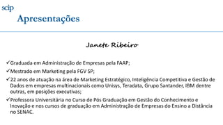 Apresentações
Janete Ribeiro
Graduada em Administração de Empresas pela FAAP;
Mestrado em Marketing pela FGV SP;
22 anos de atuação na área de Marketing Estratégico, Inteligência Competitiva e Gestão de
Dados em empresas multinacionais como Unisys, Teradata, Grupo Santander, IBM dentre
outras, em posições executivas;
Professora Universitária no Curso de Pós Graduação em Gestão do Conhecimento e
Inovação e nos cursos de graduação em Administração de Empresas do Ensino a Distância
no SENAC.
 