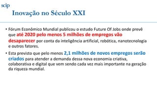 Inovação no Século XXI
• Fórum Econômico Mundial publicou o estudo Future Of Jobs onde prevê
que até 2020 pelo menos 5 milhões de empregos vão
desaparecer por conta da inteligência artificial, robótica, nanotecnologia
e outros fatores.
• Esta previsto que pelo menos 2,1 milhões de novos empregos serão
criados para atender a demanda dessa nova economia criativa,
colaborativa e digital que vem sendo cada vez mais importante na geração
da riqueza mundial.
 