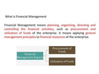 Financial Management means planning, organizing, directing and
controlling the financial activities, such as procurement and
utilization of funds of the enterprise. It means applying general
management principles to financial resources of the enterprise.
What is Financial Management
 