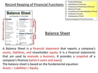 Record Keeping of Financial Functions
A Balance Sheet is a financial statement that reports a company's
assets, liabilities, and shareholder equity. It is a financial statements
that are used to evaluate a business. It provides a snapshot of a
company's finances (what it owns and owes).
The balance sheet is based on the fundamental equation:
Assets = Liabilities + Equity.
Balance Sheet
 