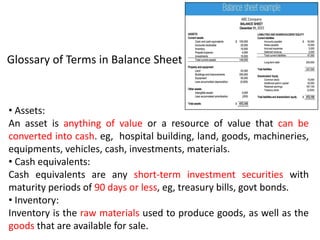 Glossary of Terms in Balance Sheet
• Assets:
An asset is anything of value or a resource of value that can be
converted into cash. eg, hospital building, land, goods, machineries,
equipments, vehicles, cash, investments, materials.
• Cash equivalents:
Cash equivalents are any short-term investment securities with
maturity periods of 90 days or less, eg, treasury bills, govt bonds.
• Inventory:
Inventory is the raw materials used to produce goods, as well as the
goods that are available for sale.
 