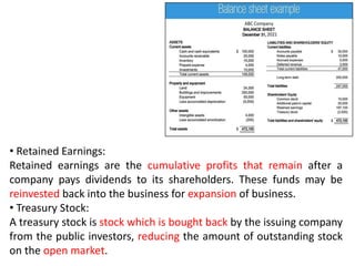 • Retained Earnings:
Retained earnings are the cumulative profits that remain after a
company pays dividends to its shareholders. These funds may be
reinvested back into the business for expansion of business.
• Treasury Stock:
A treasury stock is stock which is bought back by the issuing company
from the public investors, reducing the amount of outstanding stock
on the open market.
 